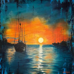 The depiction of the sunset, water, and boats is highly evocative and vivid, with the use of bright, bold colors and dynamic brush strokes typical of impressionist techniques. The blending of colors in the sky and water creates a sense of movement and depth, capturing the essence of a sunset over a body of water.